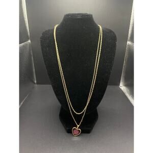 Vtg Suczch Signed Pressed Flower Heart Pendant Necklace Gold Tone Double Chain